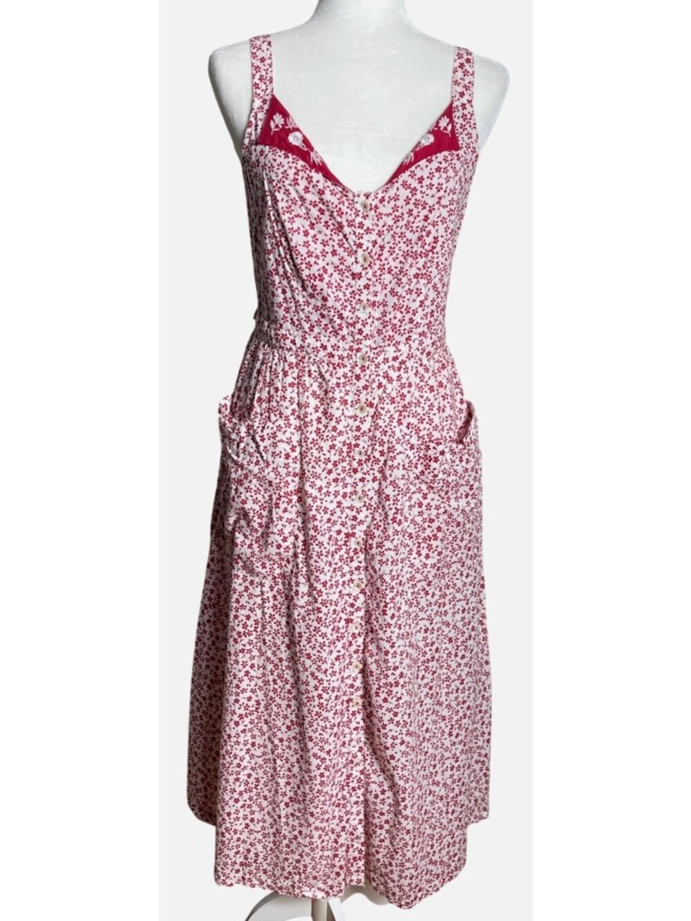 April Cornell Ditsy Floral Dress Midi Red Pockets Midi Tie Jumper Prairie Wom XS
